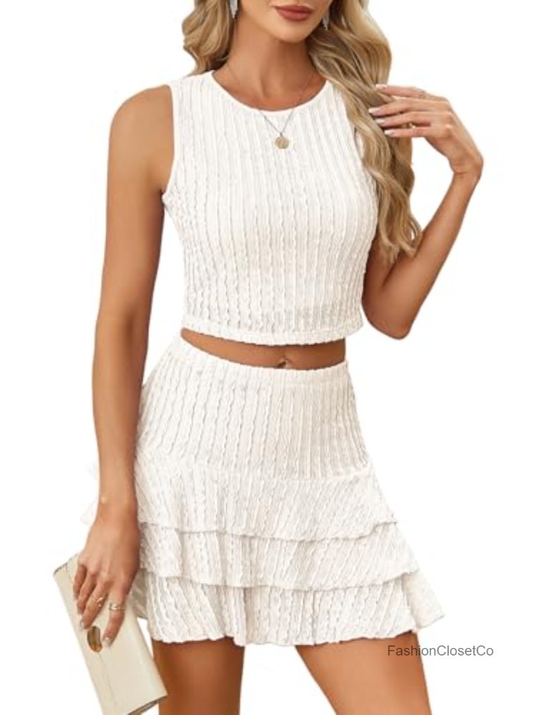 Eyelet Two Piece Skirt Set Boat Neck Cami Top Ruffle Hem Mini Skirt